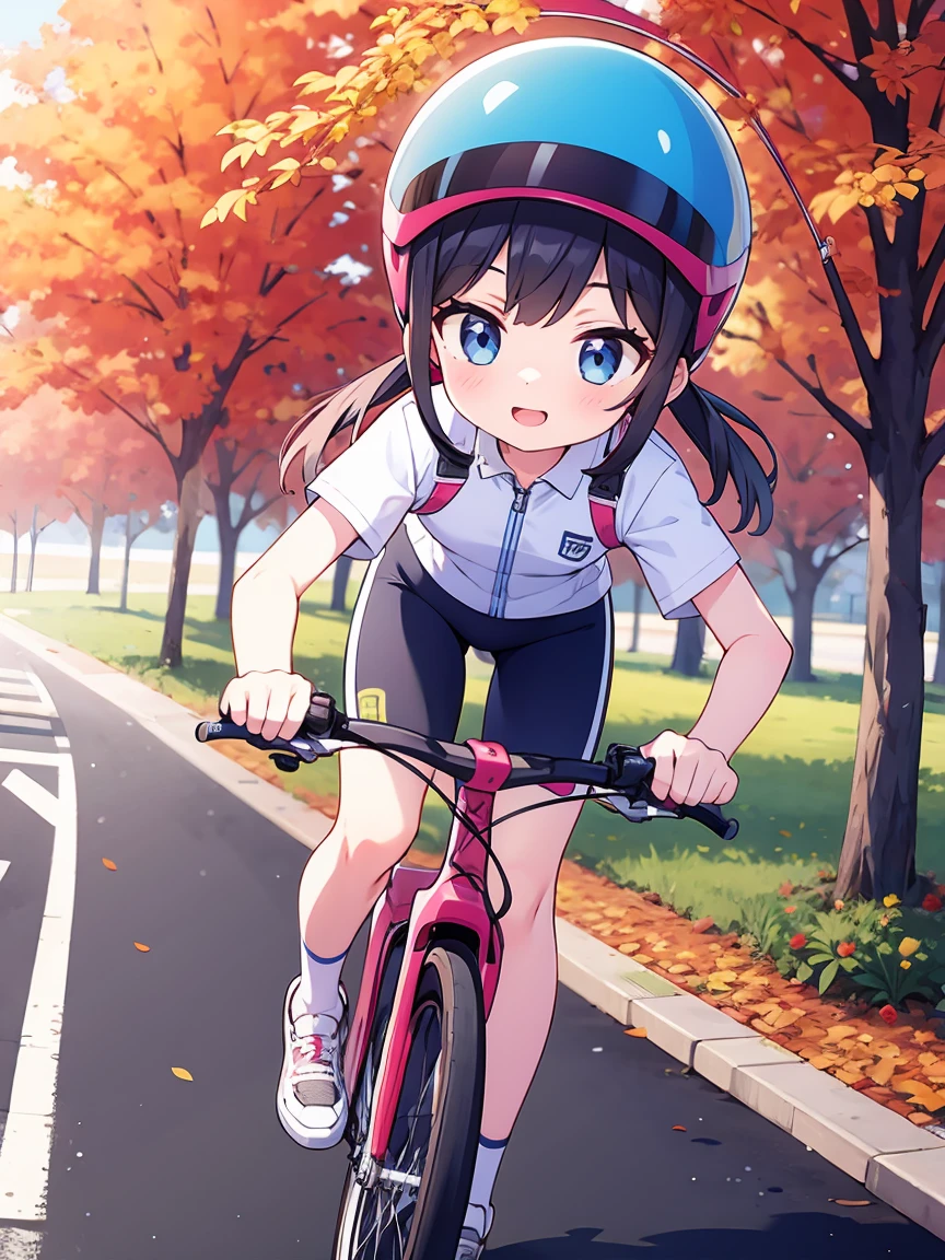 A girl cycling on the autumn plateau、Bicycle helmet on head、Both feet on the pedals、