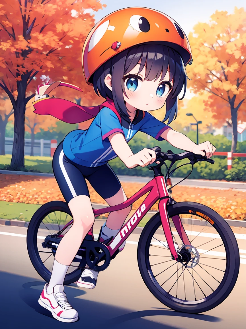 A girl cycling on the autumn plateau、Bicycle helmet on head、Both feet on the pedals、