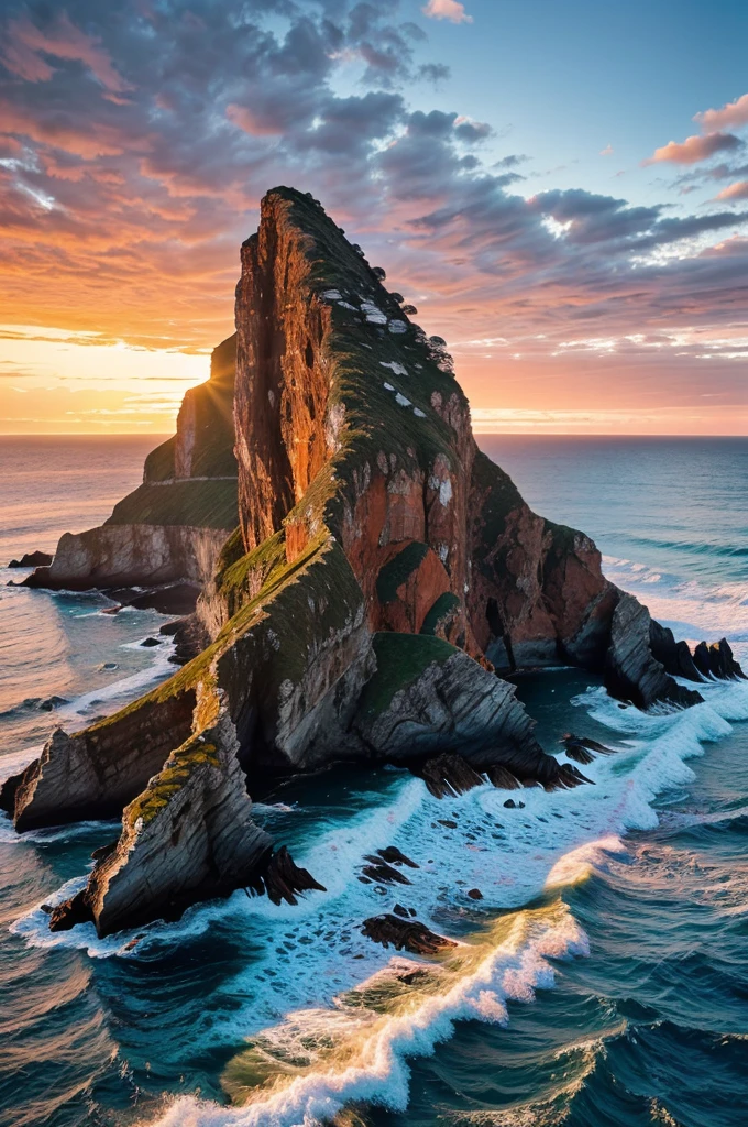 "Paint a vivid picture of a rugged coastline at sunset, where crashing waves meet towering cliffs, under a sky ablaze with hues of orange and pink, as seabirds glide gracefully overhead."