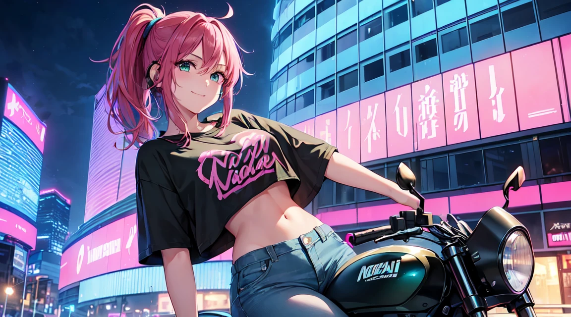 masterpiece, One girl ((20-year-old, Crop top T-shirt exposes navel, Tight blue jeans, boots, Medium chest, Multicolored pink hair, Twin ponytail, Green Eyes, make out, Happy, Big smile, To the camera, Headphones, Riding a Kawasaki motorbike in the middle of a modern city street, Towering skyscrapers with neon lights, Modern and energetic atmosphere), ((at night))