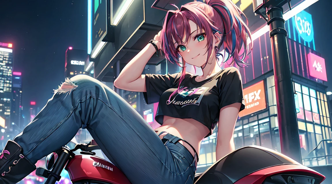 masterpiece, One girl ((20-year-old, Crop top T-shirt exposes navel, Tight blue jeans, boots, Medium chest, Multicolored pink hair, Twin ponytail, Green Eyes, make out, Happy, Big smile, To the camera, Headphones, Riding a Kawasaki motorbike in the middle of a modern city street, Towering skyscrapers with neon lights, Modern and energetic atmosphere), ((at night))