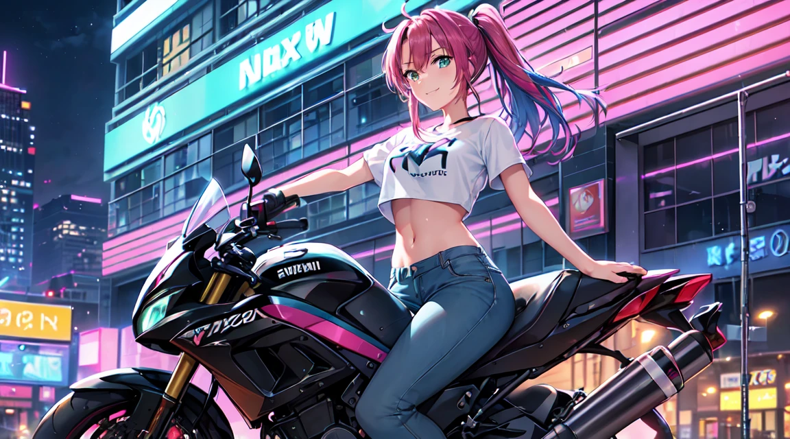 masterpiece, One girl ((20-year-old, Crop top T-shirt exposes navel, Tight blue jeans, boots, Medium , Multicolored pink hair, Twin ponytail, Green Eyes, make out, Happy, Big smile, To the camera, Headphones, Riding a Kawasaki motorbike in the middle of a modern city street, Towering skyscrapers with neon lights, Modern and energetic atmosphere), ((at night))