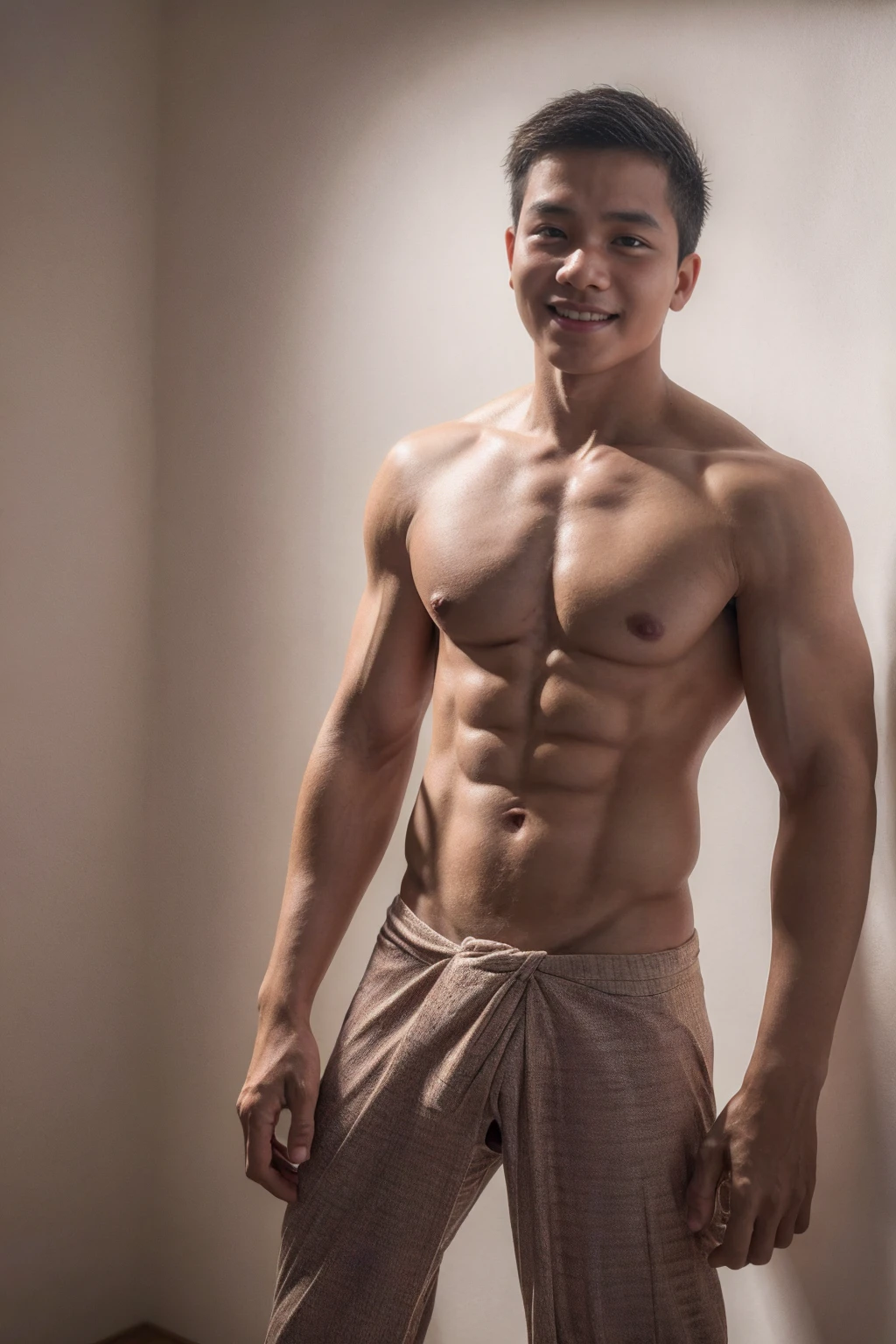 1boy, (Black Eyes), happy smile,Thai boy,,man hot nerd,young, skinny boy body, slender, sport body build, child-like,White Teenage boy,e-up photo,full body photo ,RAW photo,male, shirtless, six pack abs, white background, amm mc outfit, very attractive, blurry_background, (high detailed skin:0.8), 8k uhd, dslr, soft lighting, HDR, warm light, high quality, film grain, Fujifilm XT3,pale skin, skinny, good lighting, very pale skin, light skin, model with attractive body,medium bulge and medium butts,(Best quality, 8k, Masterpiece). High Detail , superior quality, natural lighting, beautiful, sexy, correct anatomy, good composition,realistic shapes, realistic skin tones,Natural eyes,realistic eyes,looking up at viewer,vpl,realistic muscles,Realistic wrinkles on the skin,Realistic arms and legs,Realistic face,realistic hair,Make a sexy and seductive face, Clear Focus: 1.2, Perfect Body virile: 1.4 , Slender Abs: 1.2, Highly detailed face and skin texture, detailed eyes, double eyelids, big upper lip, man focus,amazing composition, front view, HDR, volumetric lighting, ultra quality, elegant,Post a erotic photoshoot,Realistic pose,detailed hair,full body,Fujifilm XT3 photorealistic art by midjourney