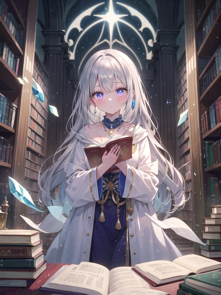 ((8k, best quality, master piece: 1.3)),super high resolution,(1 girl, solo), (colorshift eyes, hyperdetailed, expressive sparkling, glitter, glowing eyes), ultra detailed eyes, ultra-detailed face, random hair, ((pastel color)),A silver-haired woman is reading an ancient book in a magical library. She is wearing a velvet robe embroidered with blue and silver, and in the background there are countless bookshelves and floating books. The robe is engraved with a magical crest and shines as a symbol of knowledge. She has the ancient book open, and a silver necklace shines around her neck. Magical light emanates from the book, softly illuminating her face. Her long wavy silver hair is illuminated by the light from the bookshelves, and her lustrous, translucent skin shines. Her eyes are deep purple, and her eyes are filled with magical power as she absorbs the knowledge from the book. Her concentrated reading is mysterious, and she is depicted as if she is one with the library in the background, A dazzling scene with crystal light reflections creating a prismatic effect. The light passes through and refracts in various directions, casting colorful spots and highlights throughout the image. The main subject is bathed in soft, ethereal light that enhances their features and adds a mystical touch.