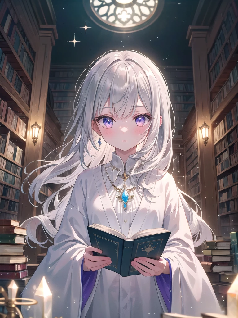 ((8k, best quality, master piece: 1.3)),super high resolution,(1 girl, solo), (colorshift eyes, hyperdetailed, expressive sparkling, glitter, glowing eyes), ultra detailed eyes, ultra-detailed face, random hair, ((pastel color)),A silver-haired woman is reading an ancient book in a magical library. She is wearing a velvet robe embroidered with blue and silver, and in the background there are countless bookshelves and floating books. The robe is engraved with a magical crest and shines as a symbol of knowledge. She has the ancient book open, and a silver necklace shines around her neck. Magical light emanates from the book, softly illuminating her face. Her long wavy silver hair is illuminated by the light from the bookshelves, and her lustrous, translucent skin shines. Her eyes are deep purple, and her eyes are filled with magical power as she absorbs the knowledge from the book. Her concentrated reading is mysterious, and she is depicted as if she is one with the library in the background, A dazzling scene with crystal light reflections creating a prismatic effect. The light passes through and refracts in various directions, casting colorful spots and highlights throughout the image. The main subject is bathed in soft, ethereal light that enhances their features and adds a mystical touch.