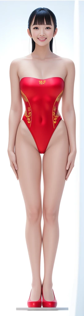 On a white background,A tall and beautiful Chinese girl,with fair skin,Toothy smile,A big smile,When you laugh, Your eyes are crescent-shaped,blunt bangs, long straight hair,Wear a one-piece swimsuit and pumps,Swimsuits are decorated with joyful patterns, Stand up straight,Stand upright,hands on sides,Symmetrical distribution,Ray tracing,All shaded areas,No windows, Soft lighting, Warm light, flood light, n, Studio light, 1.4x Realistic Ultra HD