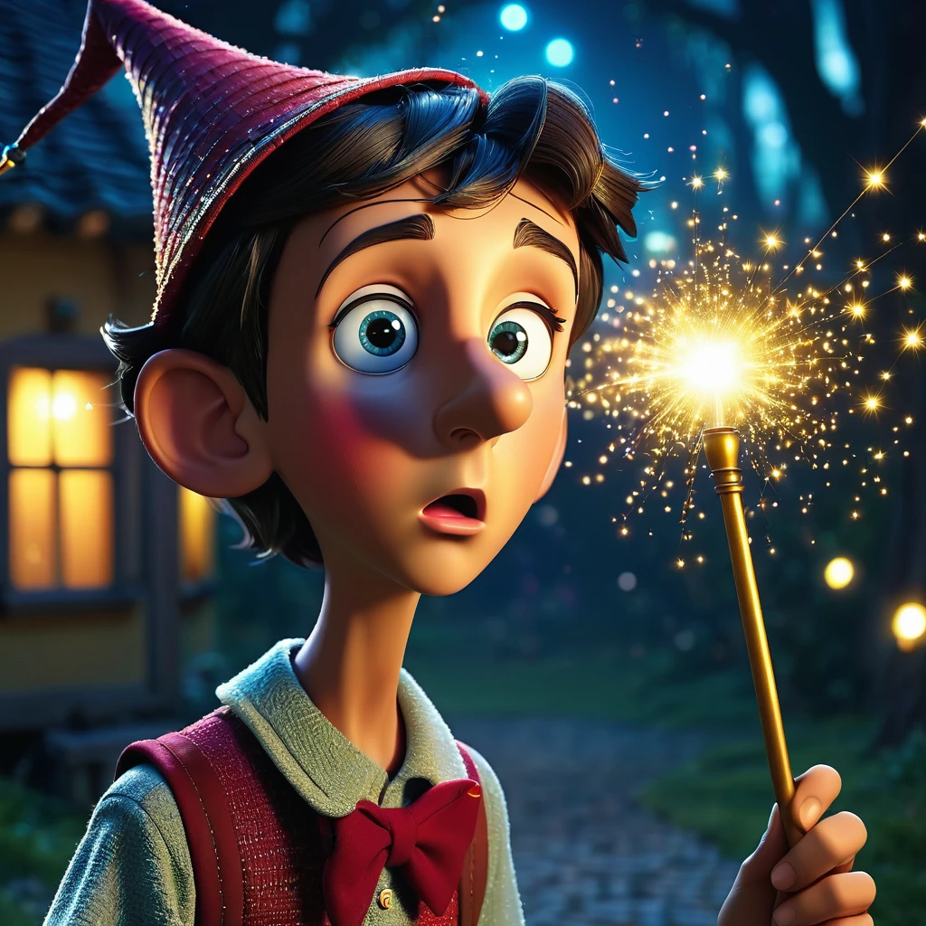 Pinocchio,fantasy background, particle lights, glowing element, night, surprised look, looking at own long nose,long nose,