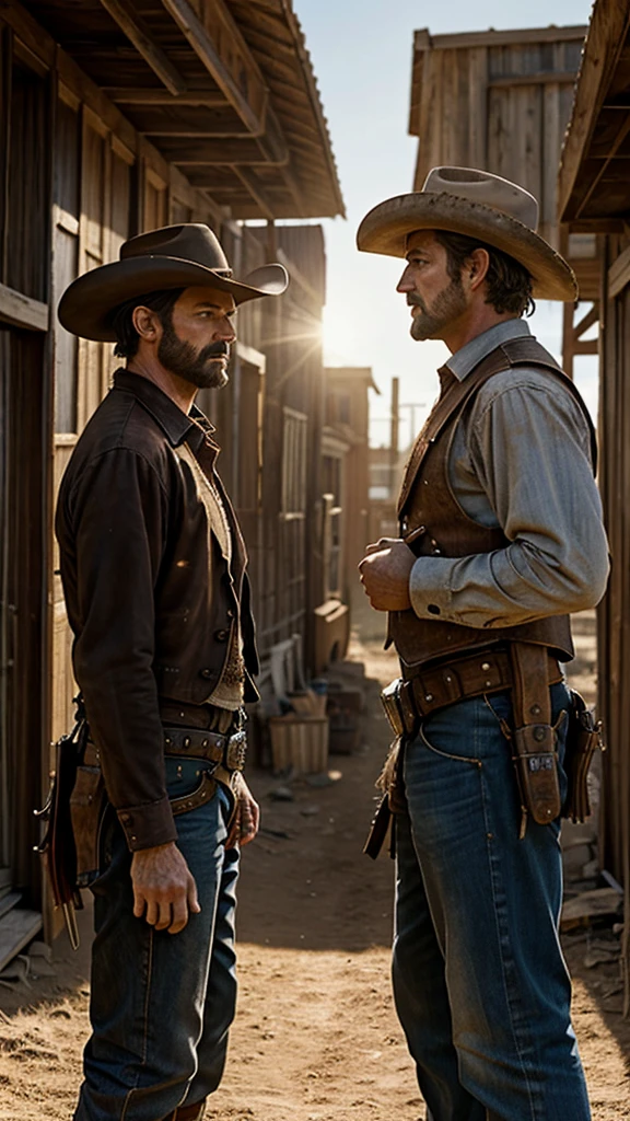 Hyper-realistic digital painting of a tense high noon showdown between two cowboys in a dusty frontier town. Both cowboys, clad in traditional Western attire with their hands poised over their holsters, stand in the middle of a dirt street lined with wooden buildings and saloons. Onlookers peer out from windows and doorways, anticipating the imminent draw. The intense sunlight casts sharp shadows, enhancing the drama and tension of the moment. Cinematic composition, trending on ArtStation.