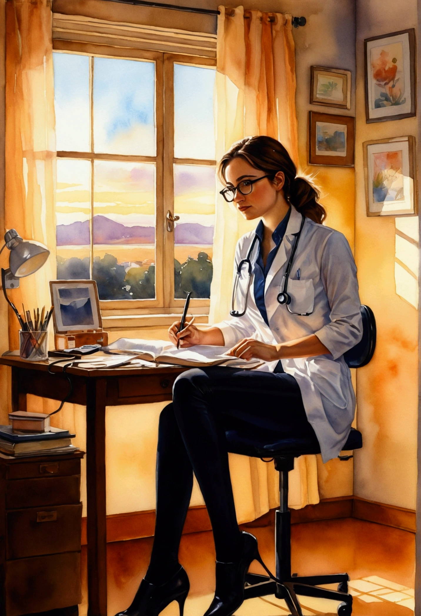 A captivating watercolor painting of a young, pretty lady exuding both intelligence and professionalism. She dons bold nerd glasses and a stethoscope draped around her neck. she is sitting in her room, writing an prescription at her room. Her body-fitting white doctor's dress is complemented by black pants and leather shoes. She is working during a mesmerizing late sunset. The sun's golden rays filter through a small windows at her room, casting a warm light that highlights her body figure and accentuates her silhouette. This artwork masterfully captures her professionalism and beauty in a moment of serene tranquility.
