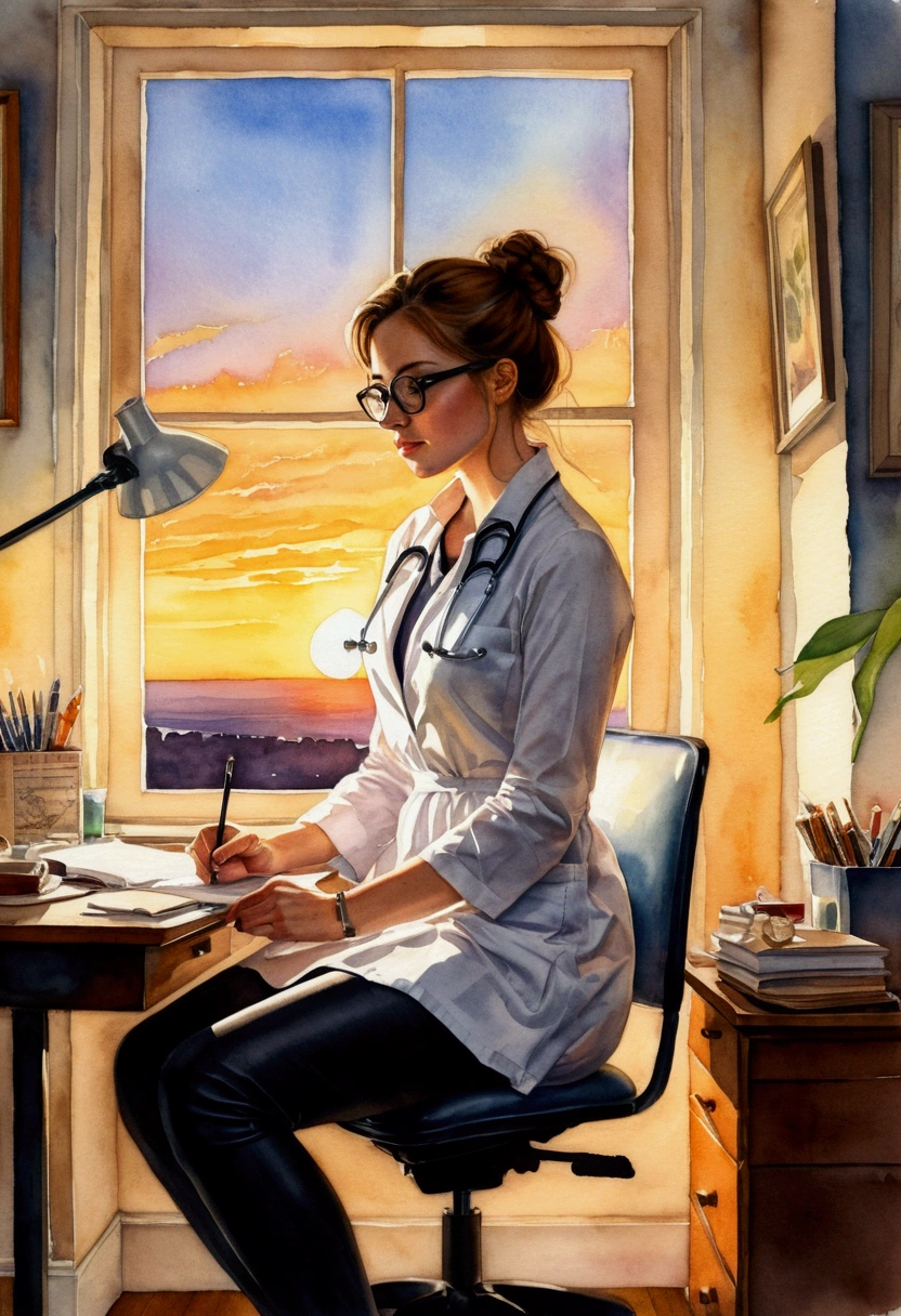 A captivating watercolor painting of a young, pretty lady exuding both intelligence and professionalism. She dons bold nerd glasses and a stethoscope draped around her neck. she is sitting in her room, writing an prescription at her room. Her body-fitting white doctor's dress is complemented by black pants and leather shoes. She is working during a mesmerizing late sunset. The sun's golden rays filter through a small windows at her room, casting a warm light that highlights her body figure and accentuates her silhouette. This artwork masterfully captures her professionalism and beauty in a moment of serene tranquility.