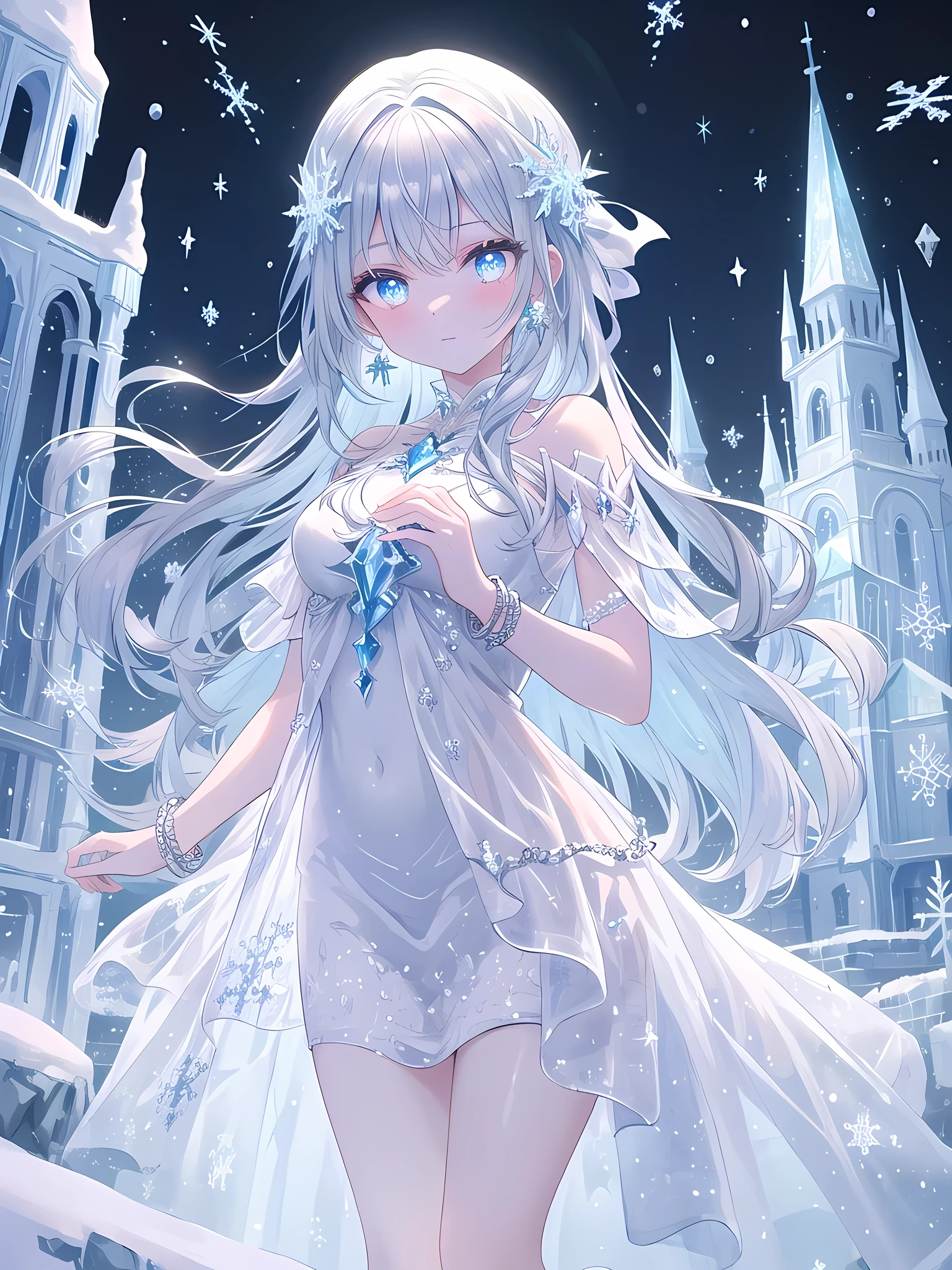 ((8k, best quality, master piece: 1.3)),super high resolution,(1 girl, solo), (colorshift eyes, hyperdetailed, expressive sparkling, glitter, glowing eyes), ultra detailed eyes, ultra-detailed face, random hair, ((pastel color)),A silver-haired woman is using ice magic in an ice castle. She is wearing an ice dress with white and blue embroidery, and in the background are beautiful ice sculptures and shining ice walls. The dress shines like ice crystals and emits a cold light. She holds out her hands, and her silver bracelets shine, reflecting the ice light. Magical light emanates from her hands, creating an ice sculpture. Her braided silver hair is illuminated by the ice light, and her translucent skin shines in the cold light. Her eyes are icy blue, and her eyes, filled with magical power, are controlling ice magic. Her cold yet beautiful figure is fantastical, and is depicted in harmony with the ice castle in the background, A magical winter scene with glittering snowflakes falling gently. Each snowflake catches the light, sparkling as it drifts down. The ground is covered in a pristine layer of snow that glistens under the soft illumination. The entire image feels like a winter wonderland, filled with shimmering beauty.