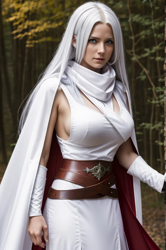 Bell cranel [gender bender] ,  arm band, hearth emblem, adult female,  red eyes , white hair, long hair, large size breast, neck scarf, light armor, cape.