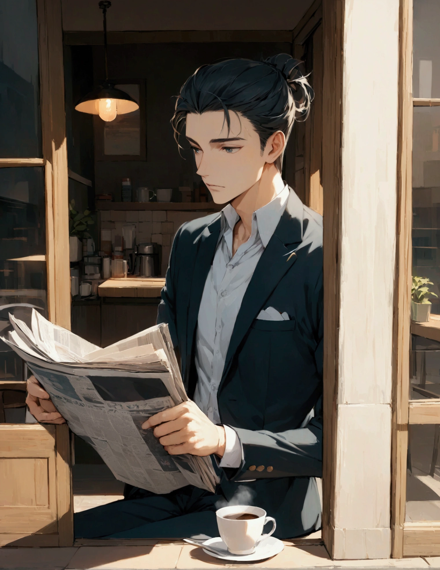 (masterpiece:1.3),(最high quality:1.4),(Very detailedな:1.5),High resolution,Very detailed,8k,artwork,High level of detail,rendering,high quality,Wide range of colors, high quality, Draw Amount, Pixiv illustration, Scene depicting a handsome young man sitting by the window of a cafe in the early morning. he is staring intently at his coffee cup, Feeling the gentle morning light. young man is wearing a sophisticated style, With a neat hairstyle, Wearing a stylish blazer and shirt. Beside him, I have an unread newspaper and a smartphone.. outside the cafe window, people々is busy moving around, Start of the day, The city is slow々As the revitalization of. このシーンは新しいStart of the dayの本質を捉えています, Enjoy a quiet morning with a handsome young man