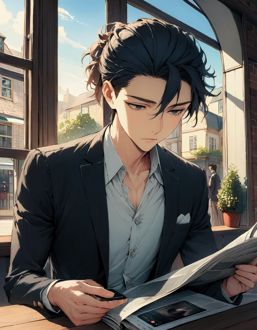 (masterpiece:1.3),(最high quality:1.4),(Very detailedな:1.5),High resolution,Very detailed,8k,artwork,High level of detail,rendering,high quality,Wide range of colors, high quality, Draw Amount, Pixiv illustration, Scene depicting a handsome young man sitting by the window of a cafe in the early morning. he is staring intently at his coffee cup, Feeling the gentle morning light. young man is wearing a sophisticated style, With a neat hairstyle, Wearing a stylish blazer and shirt. Beside him, I have an unread newspaper and a smartphone.. outside the cafe window, people々is busy moving around, Start of the day, The city is slow々As the revitalization of. このシーンは新しいStart of the dayの本質を捉えています, Enjoy a quiet morning with a handsome young man