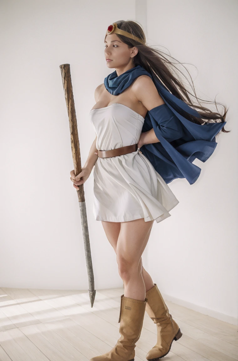 masterpiece, best quality, ultra-detailed, illustration, sage_(dq3), 1girl, (holding staff, staff:1.3), solo, long hair, blue hair, circlet, red eyes, large breasts, yellow gloves, white dress, belt, cape, boots, cleavage, bare shoulders, holding out her wooden staff, underwear, standing, full body, grass, wind lift, simple background, white background