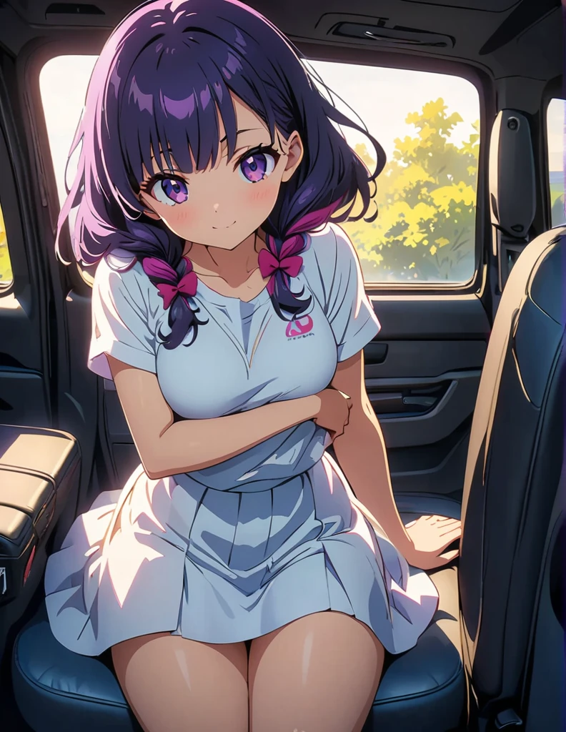 (anime artwork, anime style, studio anime, very detailed, up to date, vibrant, Anime Coloring, high contrast, masterpiece:1.2, best quality, best aesthetics),1 girl,hug from behind, Medium chest, A glimpse of thighs,random hair, One eye is hidden by the bangs, perfect proportions, high detail skin, Cute, detailed faces, precise fingers,curvy,in the car, front passenger's seat