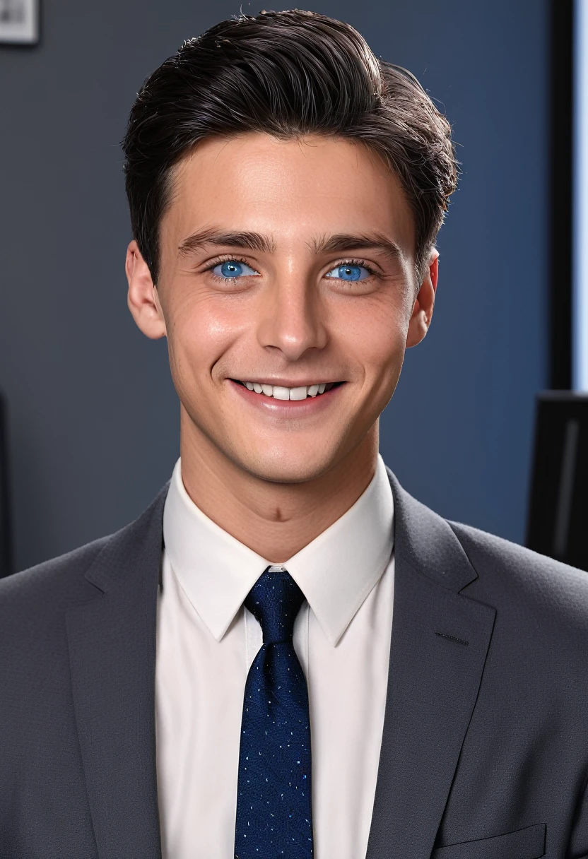 (Highest quality,4K,8k,High resolution,masterpiece:1.2),Very detailed,(Realistic,photoRealistic,photo-Realistic:1.37),1 person,20-year-old,Mature Men,Beautiful Skin、very handsome,Expressionless,smile,Short gray-black hair,blue eyes,Sharp eyes,Absolutely perfect face,Businessman,Office Background,Cinema Lighting,HDR image,tie、