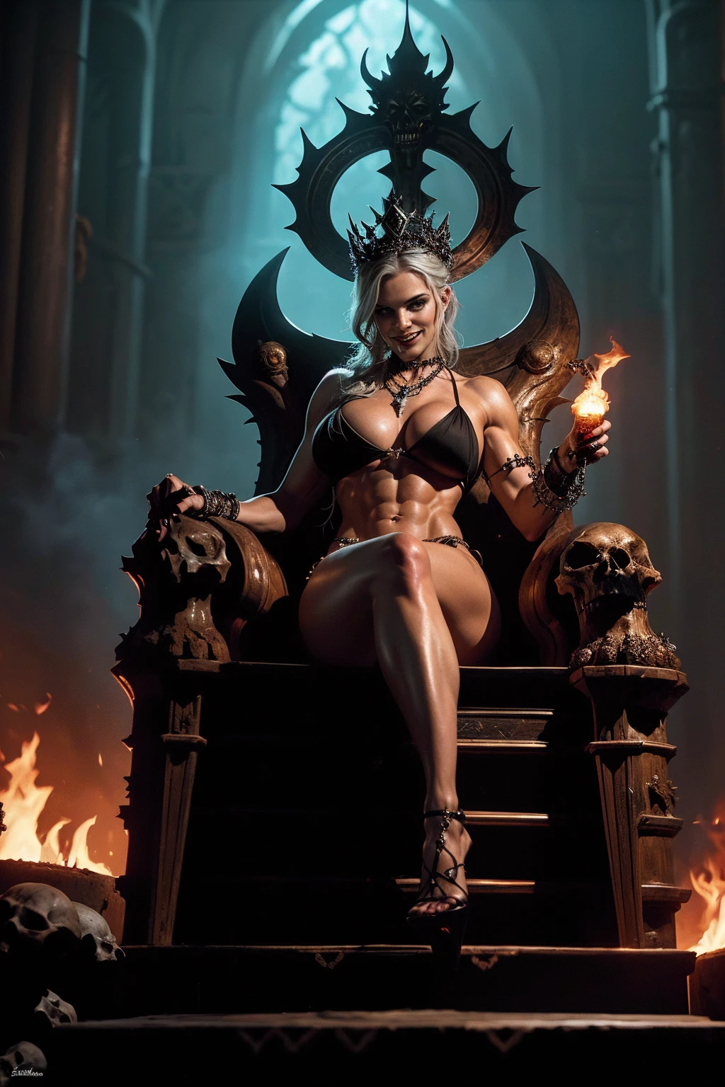 (beautiful punk woman) , (queen of hell on her throne), (((striking eyes))), (skinny:1), (small:1), (big boobs:1.3),(huge breasts:1.3), (((night))), (((sitting on a burning steel throne))), (spread legs), extravagant, oily wet skin, sweat, (((fire and demons))), ((wicked smile)), (((visible vagina))), (((shaved pubis))),tattoos, ((high heels)),(((bodybuilder abs))), (punk gown), Crown of thorns, Scepter of shadows, Necklace of skulls, Ring of dark power, Chalice of souls, Book of forbidden spells, Orb of despair, Amulet of the abyss.