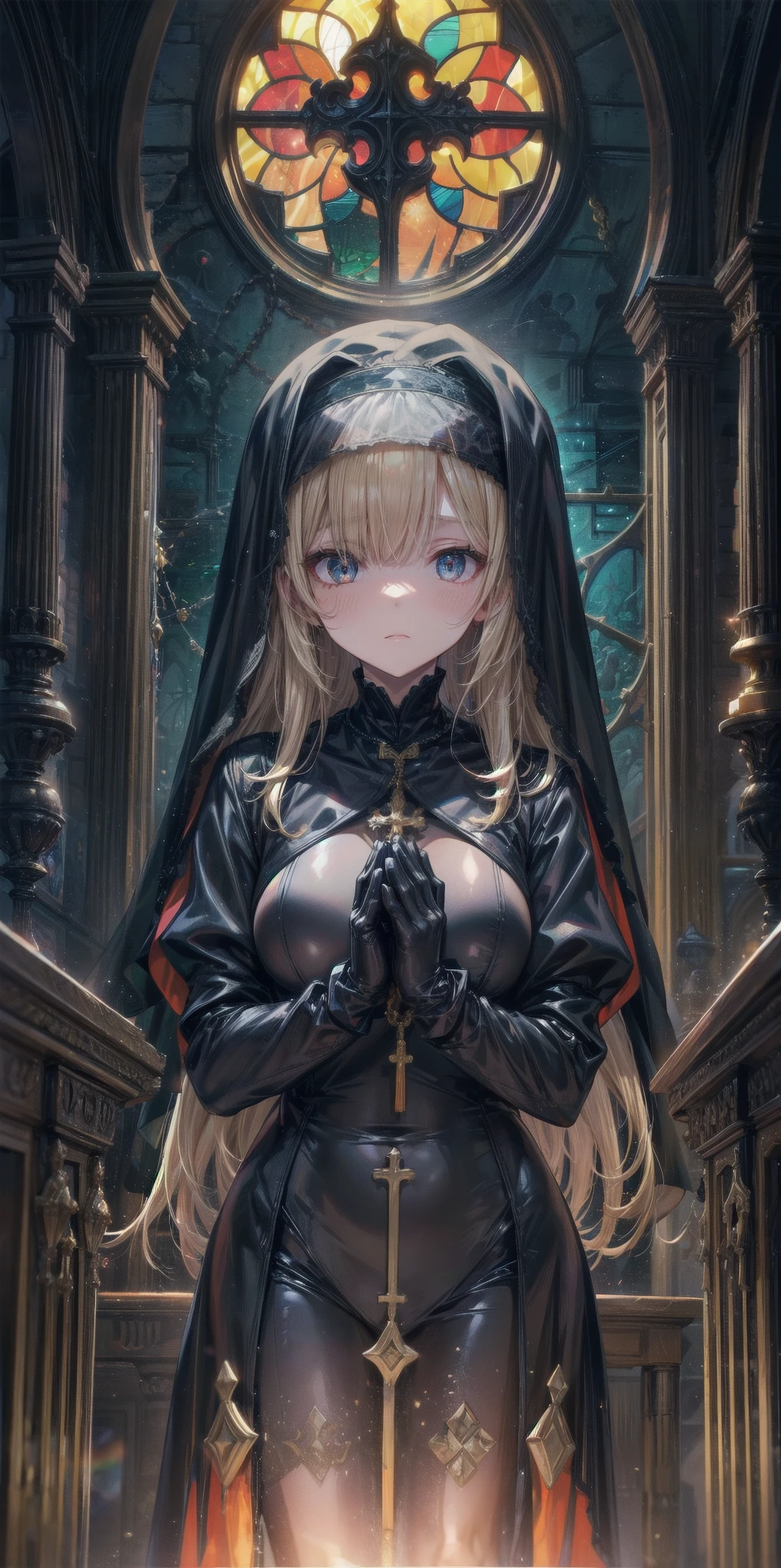 Praying with hands folded Rubber puff sleeve Golden Rosary Interior background of the church Stained glass sunset Orange Room anime Vinyl Sister Black Veil Nuns Shiny black sister outfits Blonde long hair Extra long black rubber gloves cute Pathetic clear Droopy eyes I'worry Open your mouth slightly and smile Shocking Pink Rouge Shiny black rubber riding suit Wet lips The costume is shiny with lotion Embarrassing Blushing Embarrassing Big breasts that will tear your clothes Very large breasts Extremely distended breasts Huge breast swelling Looking into the camera university student Year: 20 Illustrated style anime風 beautiful girl Cheeks pink Blonde long hair super curly hair Super long sideburns Black rubber long socks that reach down to the crotch