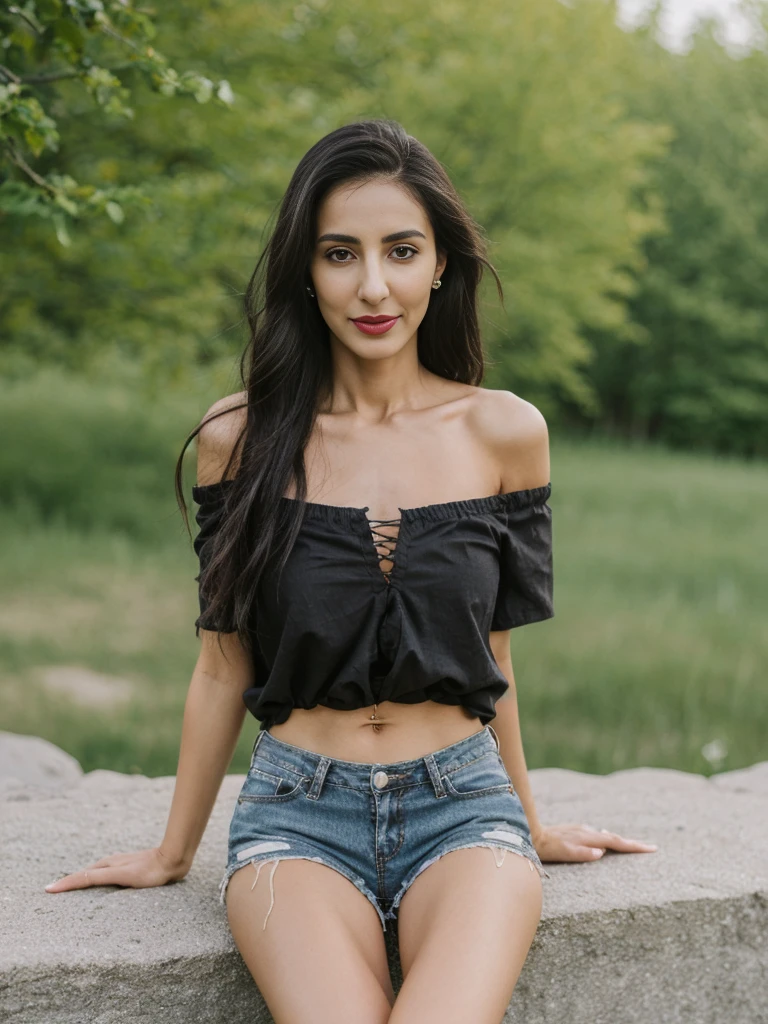 Noura, 1girl, solo, ((Qatari woman)), consistent face and body, ((MILF)), ((30 years old)), (mature), ((slim)), ((Qatari face)), (Qatari nose), (Qatari lips), ((cranky hair)), upper body and upper legs, (background: overlooking eco-park in Manitoba), BREAK, (wearing light-black off shoulder blouse and ripped shorts), smirking, picnic shoot