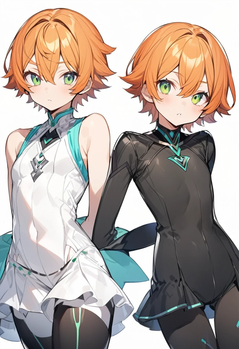 （One girl）、((short hair))、right orange hair、((boyish))、Crossdresser、((Dairy-free))、(Healer)、black leggings、White sleeveless、black gloves、say、green eye、arm behind back、White Background、