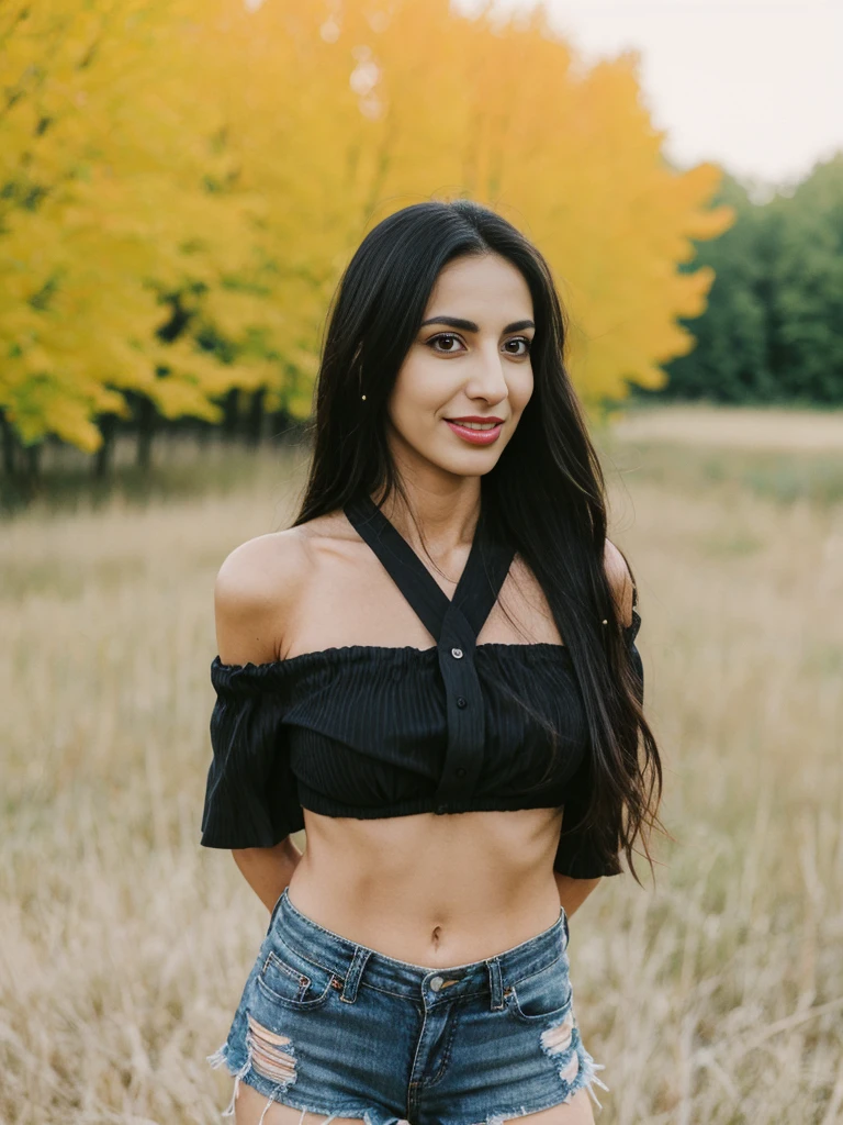 Noura, 1girl, solo, ((Qatari woman)), consistent face and body, ((MILF)), ((30 years old)), (mature), ((slim)), ((Qatari face)), (Qatari nose), (Qatari lips), ((medium straight hair)), upper body and upper legs, (background: overlooking eco-park in Manitoba), BREAK, (wearing light-black off shoulder blouse and ripped shorts), smirking, picnic shoot