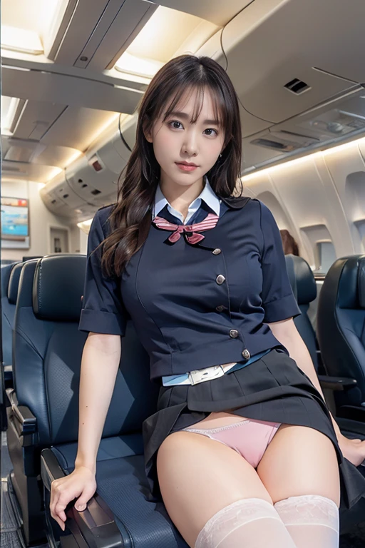  (8K, best quality, masterpiece:1.2), (realistic, photo-realistic:1.37), (high color saturation:1.0),  (highly detailed skin), (highest quality:1.0), (ultra high resolution:1.0) ,(realistic:1.0), (Super detailed:1.0), (8K, Raw photo:1.1)、standing random pose, smiling, natural breast, perfect lighting, 3girls, 24years old, (mysterious), clear and detailed, ((ANA_Cabin Crew, blue flight attendant_uniform)), black pantyhose, (aircraft, aircraft seats), cute face, mini skirt, pink panties, nsfw, ((skirt lift)),
