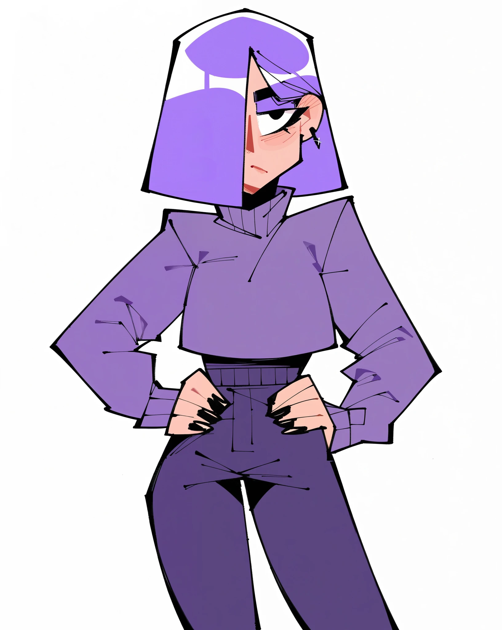 score_9, 1girl, female, (solo), standing, lily duolingo, purple hair, hair over one eye, sweater, pants, flat colors, no lineart,