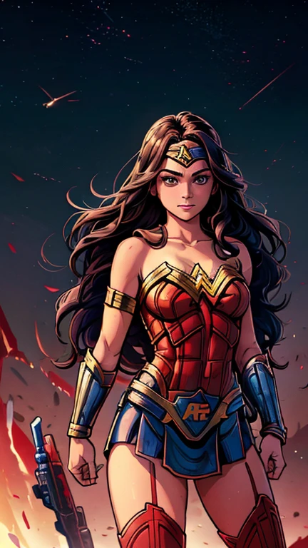 (s:1girl: wonder woman,Star Wars), (extremely detailed CG unit 8k wallpaper),(master part), (best quality), (ultra detali), (best illustration),(melhor ombre), cowboy shot, (Sharp eyeliner, ombre, detailedeyes:1), Themyscara background, ,break , (star15escola:1.2), hair ornament,long hair ,black hair, Cameltoe,camisa