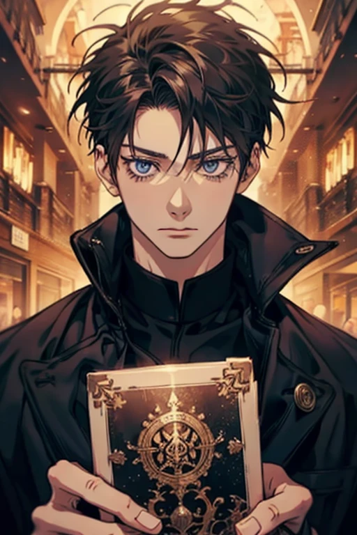 (Absurd, High resolution, Super detailed), 1 male, disheveled black hair, Black Ruby Eyes, Long eyelashes, Looking into the camera, HUNTER×HUNTER Joy Joy, Detailed eyes and face, fool \Tarot\, Bard, clown, Symbolism, Visual Arts, occult, universal, Vision Casting, Philosophical, Iconography, Number secrets, Popularity, artistic, Chrollo Lucilfer
