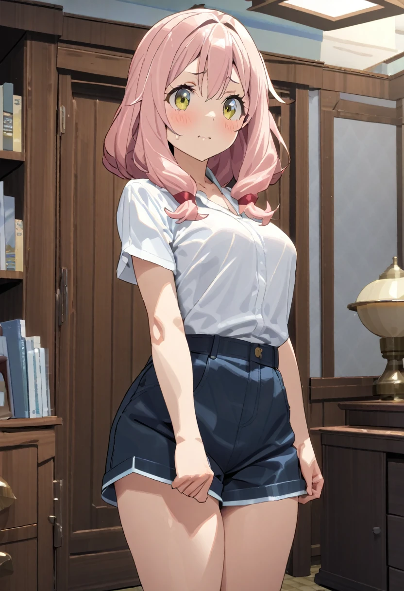 1girl, shuna\(tensei shitara slime datta ken\), tensei shitara slime datta ken,two-cornered polygon,shirt,shorts,room,masterpiece, best quality, absurdres,