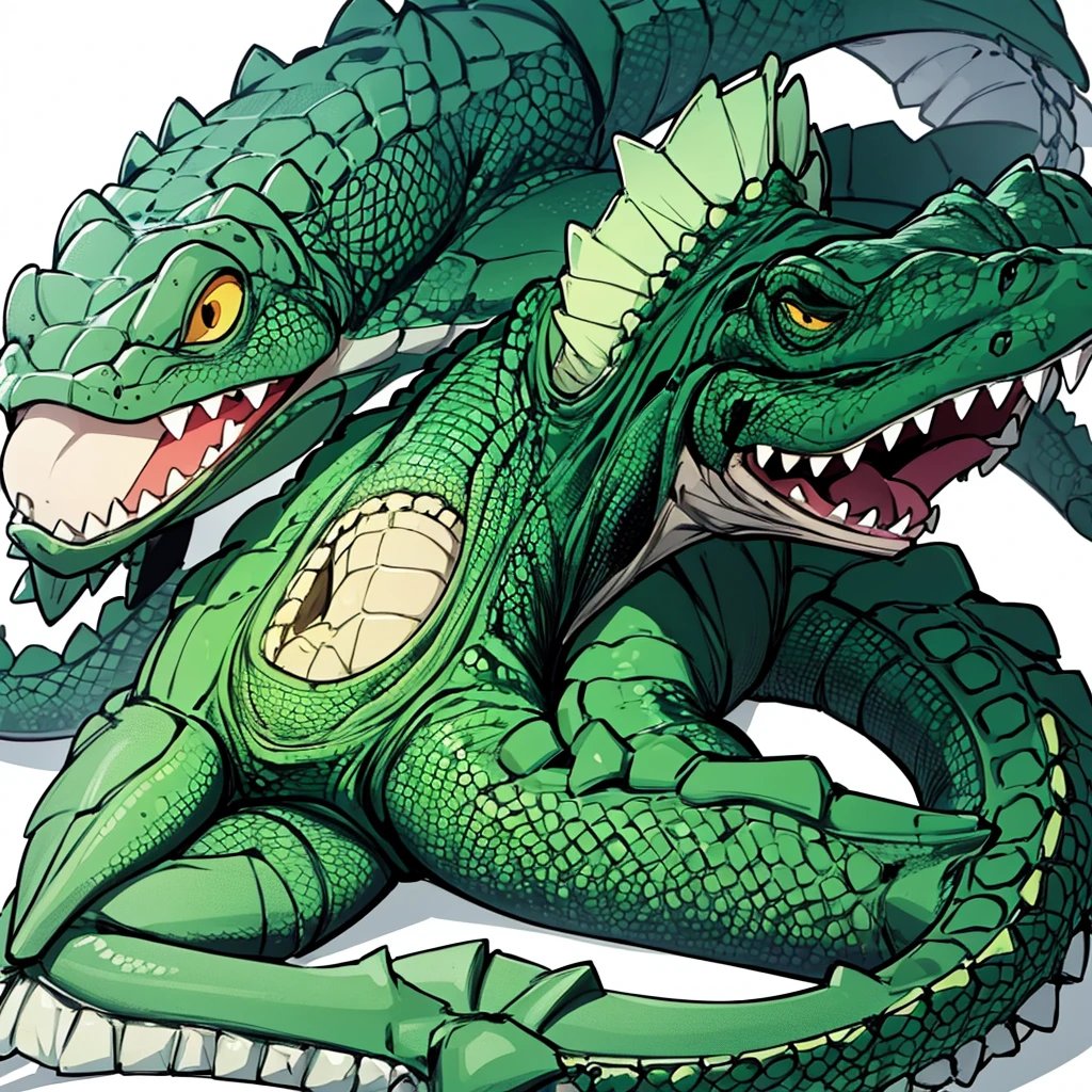 (Full body character concept、group)、Best illustrations、Best Quality、((((No humans)))), reptiles,, Green Body、(Crocodile scales)、From above、(White background)