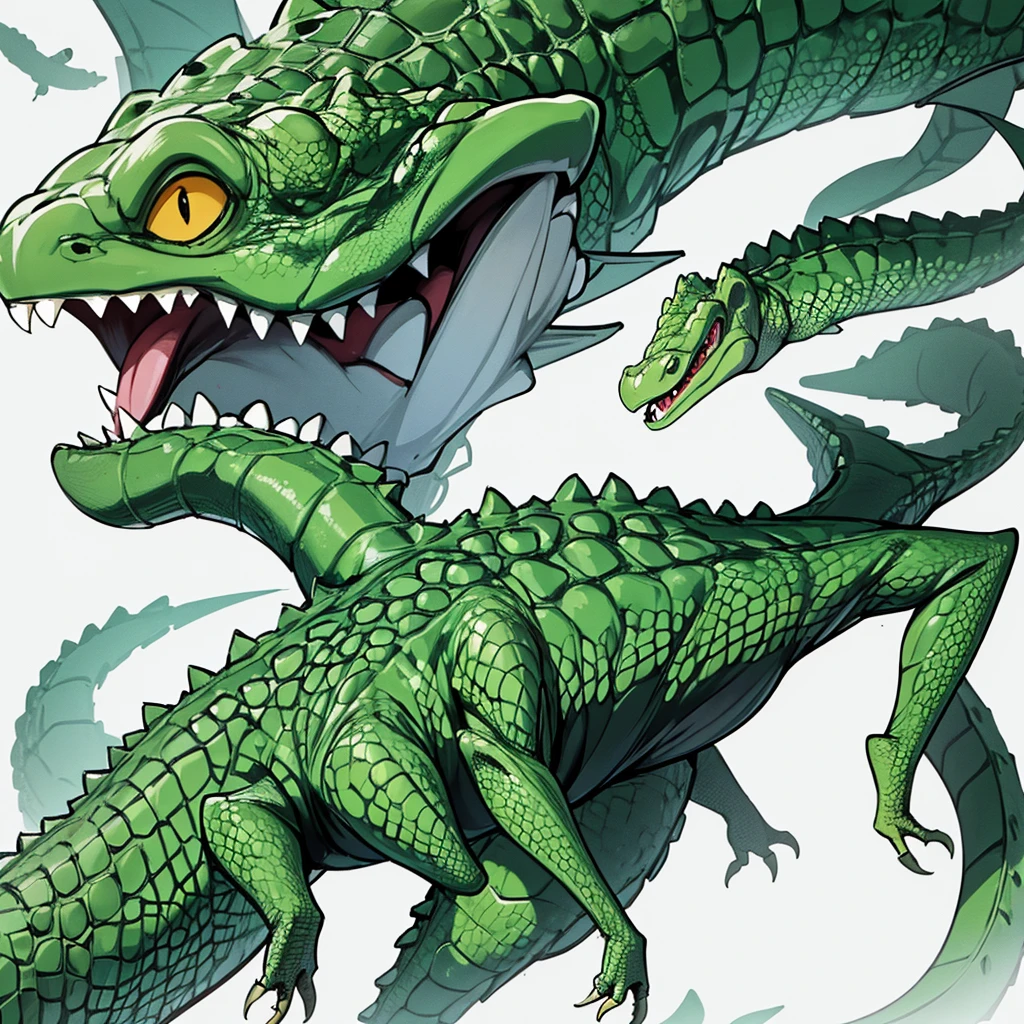 (Full body character concept、group)、Best illustrations、Best Quality、((((No humans)))), reptiles,, Green Body、(Crocodile scales)、From above、(White background)