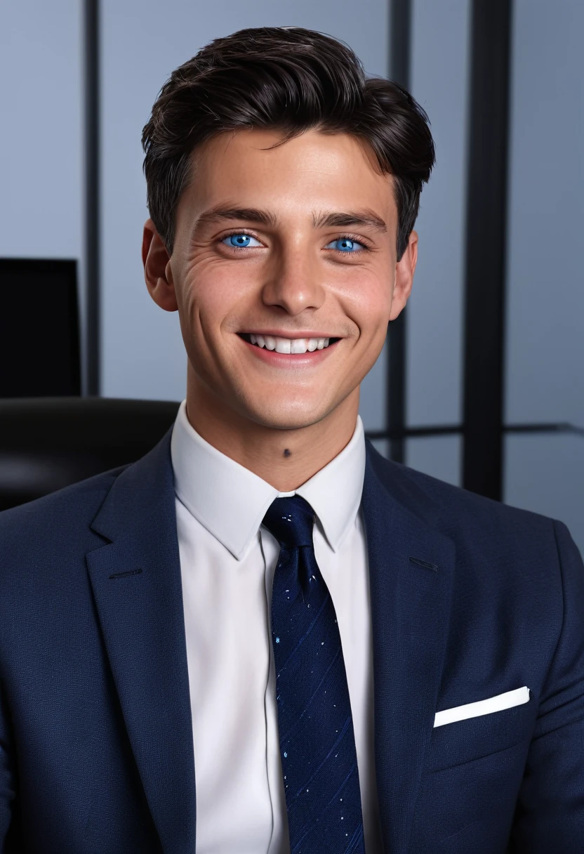 (Highest quality,4K,8k,High resolution,masterpiece:1.2),Very detailed,(Realistic,photoRealistic,photo-Realistic:1.37),1 person,20-year-old,Mature Men,Beautiful Skin、very handsome,Expressionless,smile,Short gray-black hair,blue eyes,Sharp eyes,Absolutely perfect face,Businessman,Office Background,Cinema Lighting,HDR image,tie,