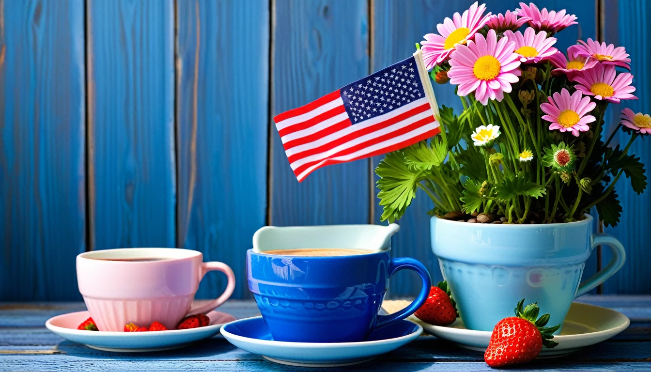 create a picture featuring two blue ceramic cups with an American flag design, one placed on a saucer. The cups are placed on a blue wooden surface surrounded by lots of flowers in flower pots, the flowers are orange and pink daisy-like, some in bloom and some still in bud. Surrounding the cup are many fresh strawberries and coffee beans, adding to the rustic and cozy atmosphere. In the background, there is a blurring effect that shows more colorful flowers and a blue wooden background, all bathed in warm light that gives off an alluring glow.