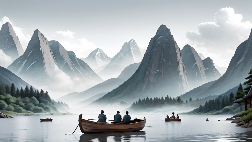 peaceful scene in monochrome ink wash painting style. It has mist-covered mountains with sharp peaks and gentle slopes. In the foreground, The calm water reflects the mountains and clouds above. A traditional rowing boat carrying four human figures glides across the water, creating a sense of peace and scale compared to the vast landscape. The overall layout emphasizes the harmony between humans and nature, characteristic of East Asian landscapes.