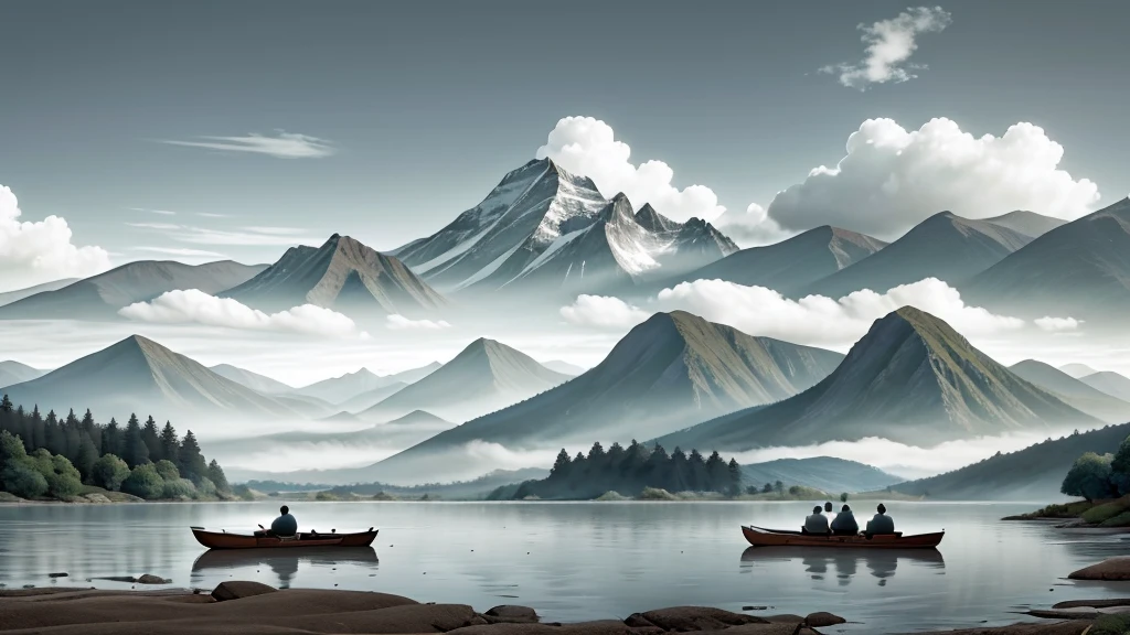 peaceful scene in monochrome ink wash painting style. It has mist-covered mountains with sharp peaks and gentle slopes. In the foreground, The calm water reflects the mountains and clouds above. A traditional rowing boat carrying four human figures glides across the water, creating a sense of peace and scale compared to the vast landscape. The overall layout emphasizes the harmony between humans and nature, characteristic of East Asian landscapes.
