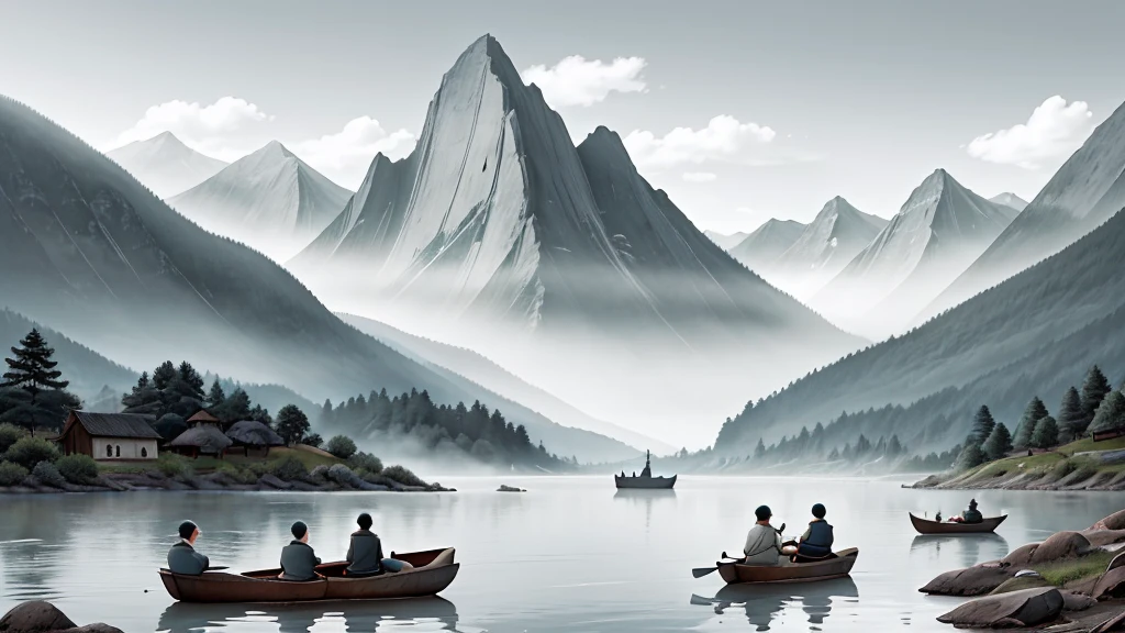 peaceful scene in monochrome ink wash painting style. It has mist-covered mountains with sharp peaks and gentle slopes. In the foreground, The calm water reflects the mountains and clouds above. A traditional rowing boat carrying four human figures glides across the water, creating a sense of peace and scale compared to the vast landscape. The overall layout emphasizes the harmony between humans and nature, characteristic of East Asian landscapes.