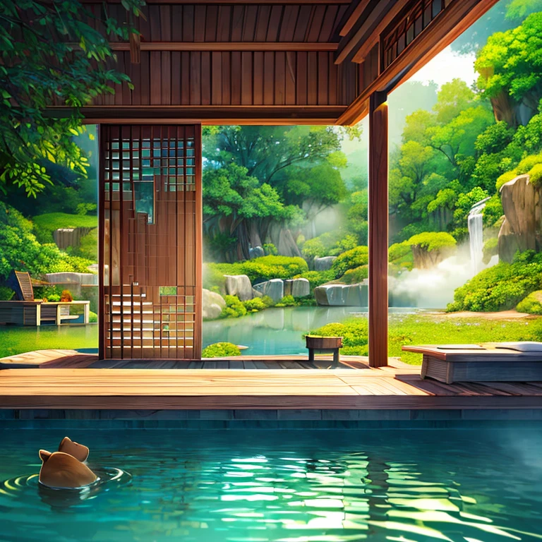 Japanese courtyard,Japanese maple tree,Wooden walls,Large trees block some of the sunlight,Sunnyday,Swinging leaves,Japanese-style garden furnishings,A steaming Japanese hot spring,A young woman soaking in a hot spring 45 degrees ahead,The young woman was in the water without any clothes on,Japanese-style hot springs are surrounded by stones,Young woman with coiled hair,The water in the hot springs is opaque,The height of the wooden fence occupies two-thirds of the picture,The Japanese maple tree is on the right side of the frame,Young women are 20 to 28 years old,The young woman is right in the center of the frame,The young woman is a normal East Asian human woman, --auto