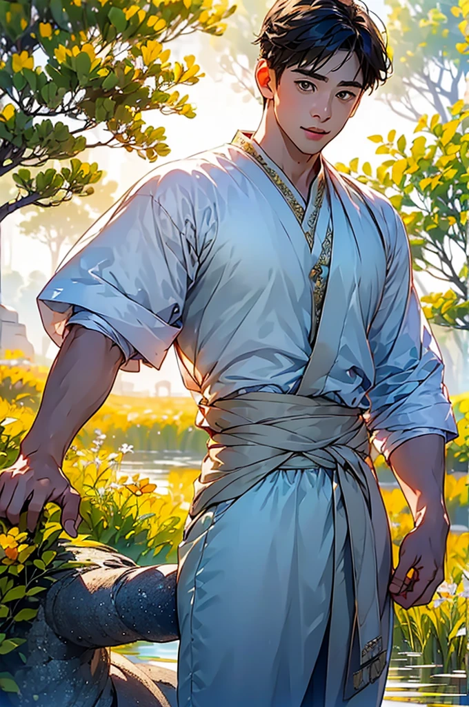 (in 8K、top-quality、​masterpiece:1.2)、1 boy、short-haired、Hair short、Brown-skinned、Green View、