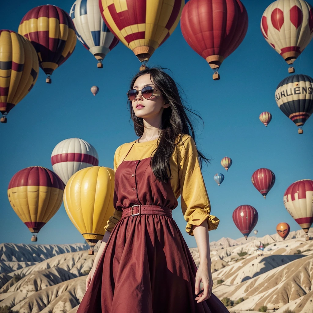 red skin, yellow eyes, long black hair, wearing maroon dress, walking on the cappadocia tukey, colorful hot air balloons in the sky, sunglasses