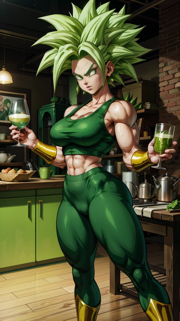 Muscular woman, with spiky green hair, white eyes, wearing a gym outfit, Kale Dragonball super, legendary super saiyan, green, with an erect penis volume showing on the clothes, Holding a glass full of Of a thick milk