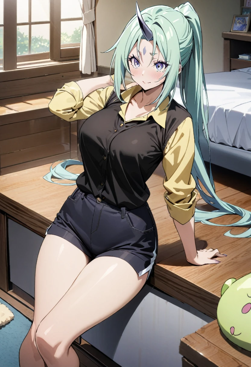 1girl, shion \(tensei shitara slime datta ken\), tensei shitara slime datta ken,Black one-horned,shirt,shorts,room,masterpiece, best quality, absurdres,