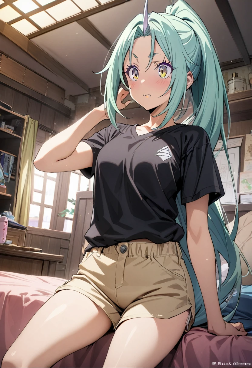 1girl, shion \(tensei shitara slime datta ken\), tensei shitara slime datta ken,Black one-horned,shirt,shorts,room,masterpiece, best quality, absurdres,