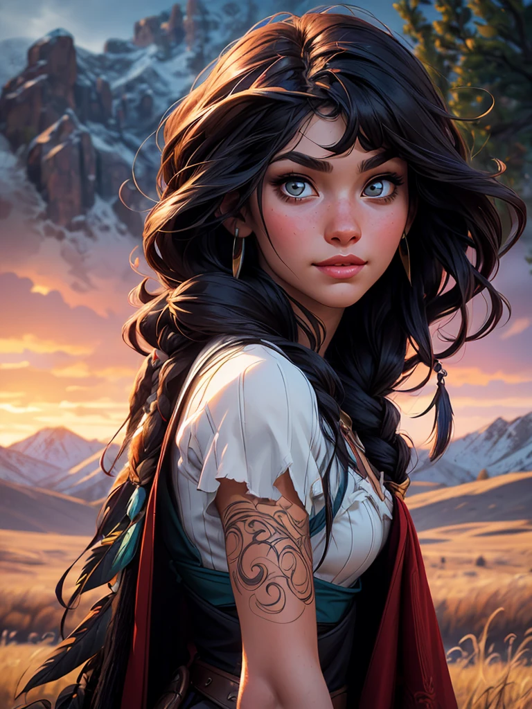 mdjrny-v4 style portrait photograph of Madison Beer as Pocahontas, young beautiful native american girl, perfect symmetrical face, indigenes feather jewelry, traditional handmade dress, armed female hunter warrior, (((wild west))) environment, Utah landscape, ultra realistic, concept art, elegant, ((intricate)), ((highly detailed)), depth of field, ((professionally color graded)), soft ambient lighting, dusk, 8k, art by artgerm and greg rutkowski and alphonse mucha sultry look , seductive smile, inviting pose,
sultry look, seductive,