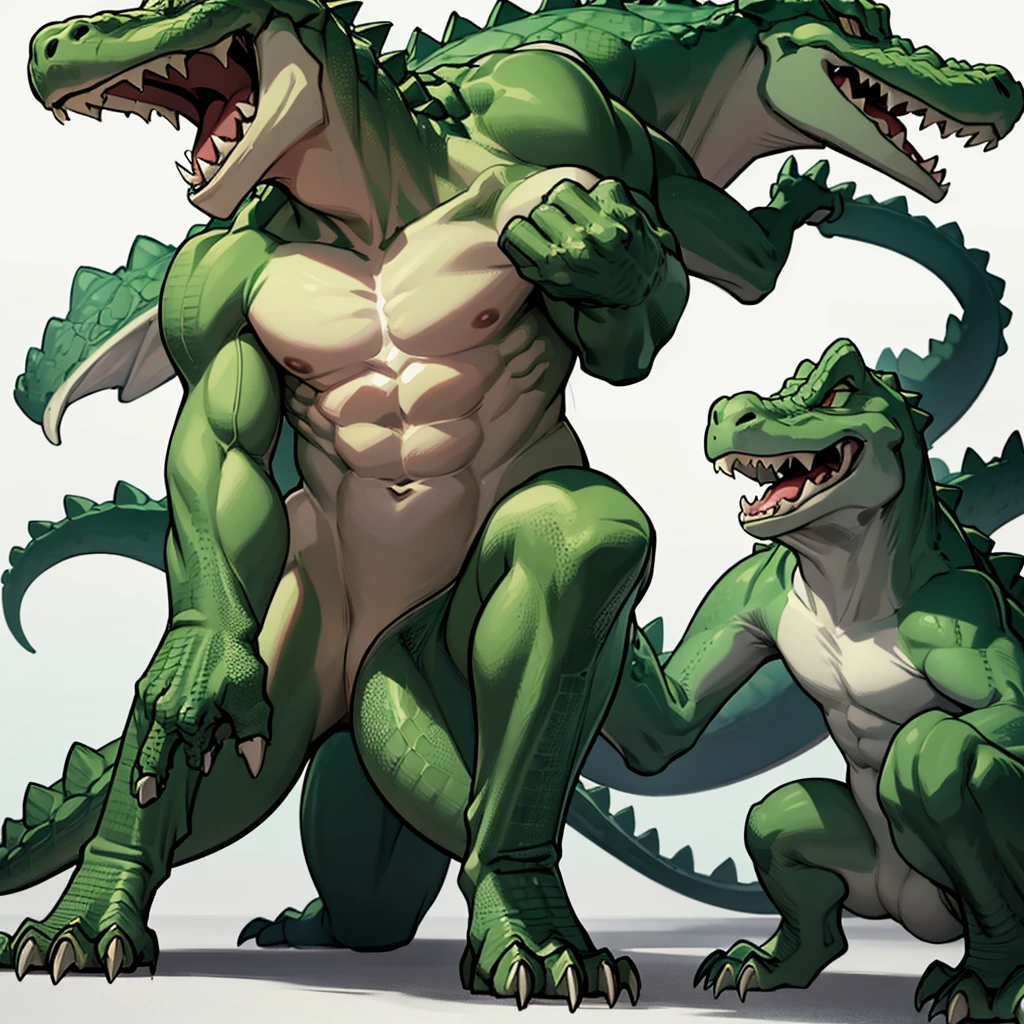 (Full body character concept、group)、Best illustrations、Best Quality、((((No humans)))), reptiles,, green body, Crocodile human, Muscular,、Combat Stance、(Crocodile scales)、front、(White background)