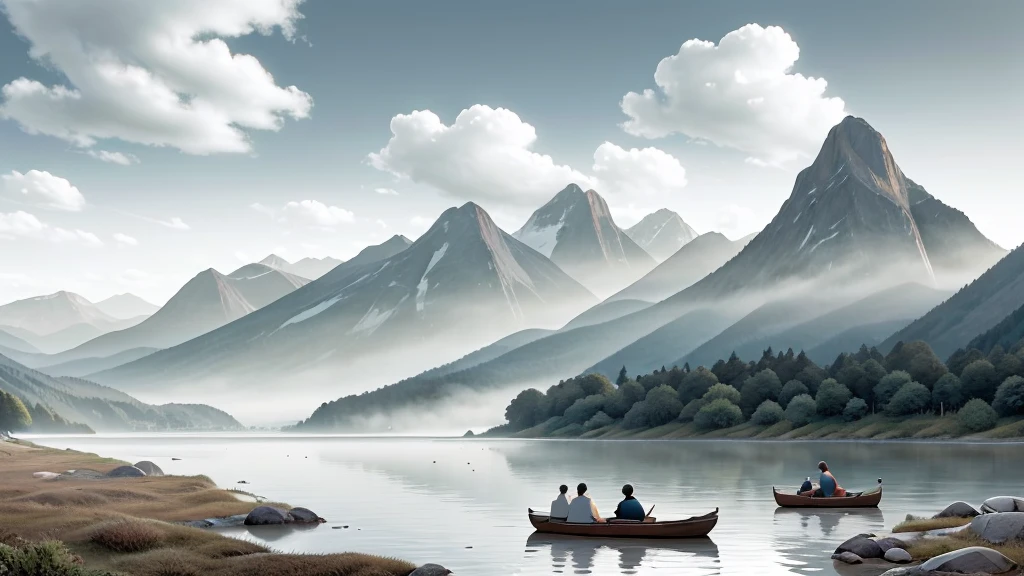 peaceful scene in monochrome ink wash painting style. It has mist-covered mountains with sharp peaks and gentle slopes. In the foreground, The calm water reflects the mountains and clouds above. A traditional rowing boat carrying four human figures glides across the water, creating a sense of peace and scale compared to the vast landscape. The overall layout emphasizes the harmony between humans and nature, characteristic of East Asian landscapes.