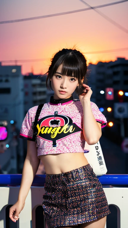 Girl with a flamboyant appearance and rebellious attitude, Japanese yankee, lone girl, bright and loud patterned clothes, extremely short skirt, gal style with emphasis on cuteness, light brown hair, thick eyeliner and flashy colored eye shadow, false eyelashes to make eyes look bigger and more impressive, dark makeup all around Hakodate seaside townscape background, evening, sunset