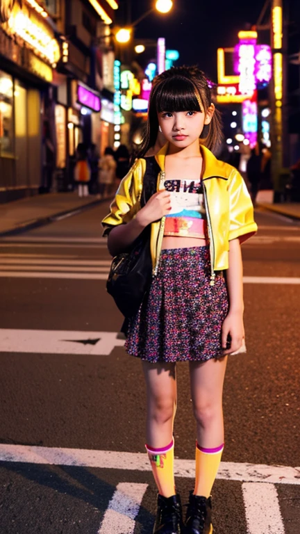 Girl with a flamboyant appearance and rebellious attitude, Japanese yankee, lone girl, bright and loud patterned clothes, extremely short skirt, gal style with emphasis on cuteness, light brown hair, thick eyeliner and flashy colored eye shadow, false eyelashes to make eyes look bigger and more impressive, dark makeup all around Hakodate seaside townscape background, evening, sunset