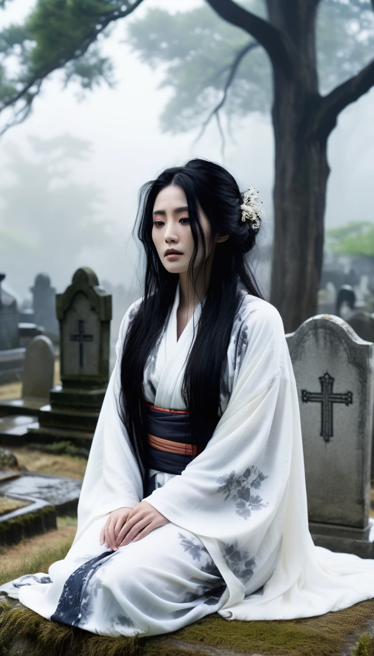Floating in an ancient, neglected graveyard, a Yurei drifts silently among the tombstones. Her long, white burial kimono flows around her ethereal form, and her black hair hangs loosely over her face. The background is a misty, overgrown cemetery with crumbling stone markers and an eerie, haunting atmosphere.